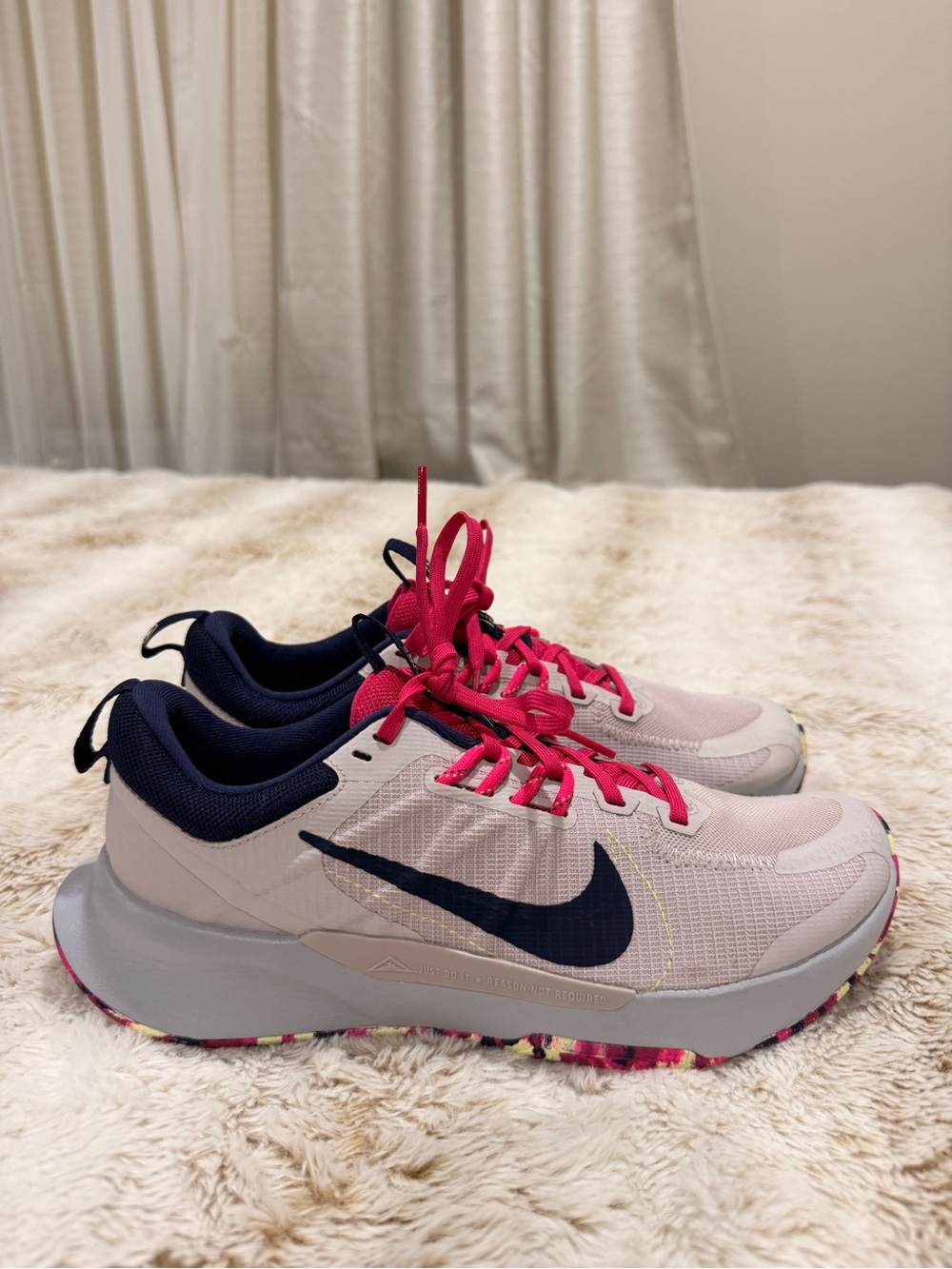 Nike Kids Light Pink and Navy Sneakers with Hot Pink Laces